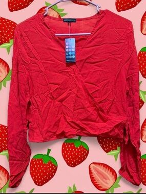 Goddess Red Wrap-Front Long Sleeve Blouse